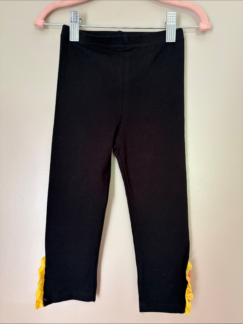 Girls' Black Leggings with Yellow and Pink Accents